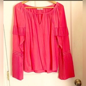Sz M *Ramy Brook* Harvey Flared Pleated Sleeves Keyhole Coral Pink Blouse Top